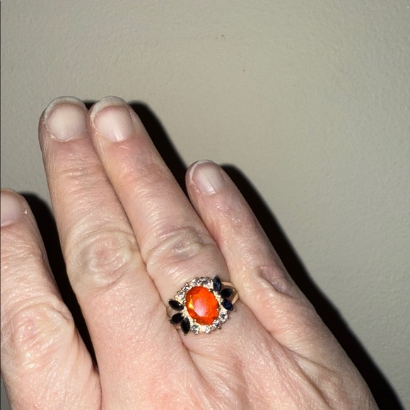 NATURAL MEXICAN FIRE OPAL RING AAA++ 9x7mm FACETED & BLUE SAPPHIRE 925 SS - Picture 10 of 11